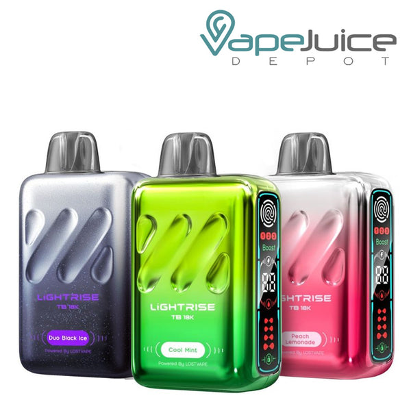 Three Flavors of Lost Vape Lightrise TB 18K Disposable with a display screen - Vape Juice Depot