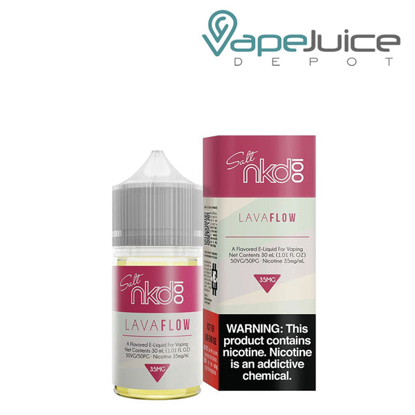 A 30ml bottle of Lava Flow Naked 100 Salt eLiquid and a box with a warning sign next to it - Vape Juice Depot