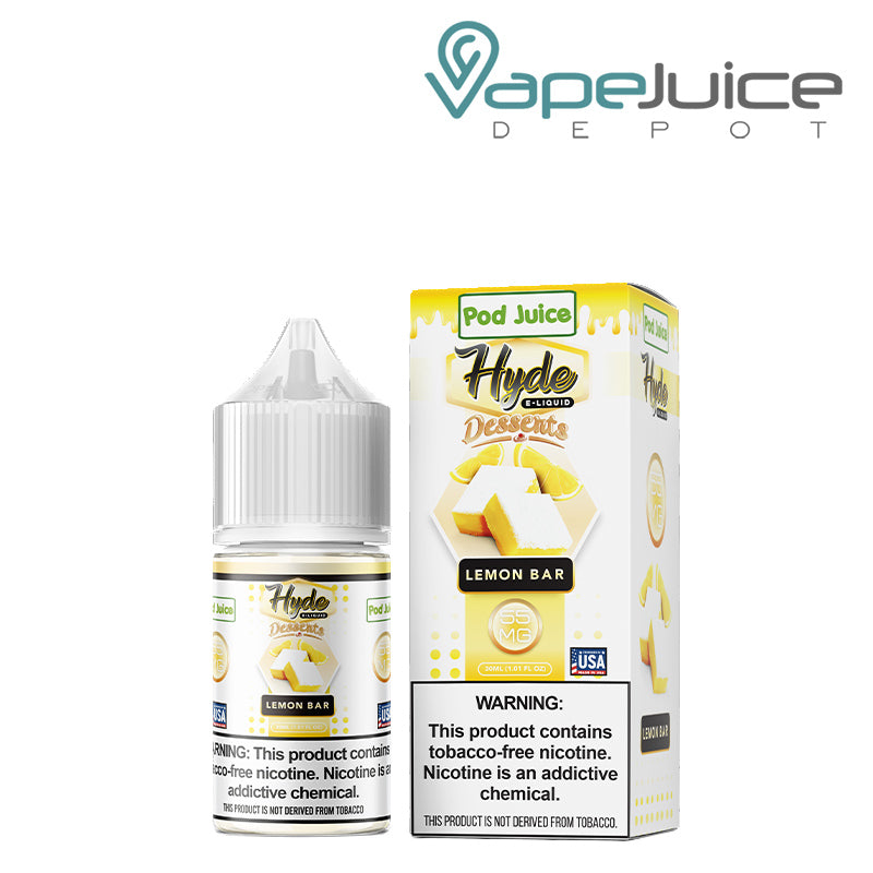 A 30ml bottle of Lemon Bar Hyde Pod Juice TFN Salt and a box with a warning sign next to it - Vape Juice Depot