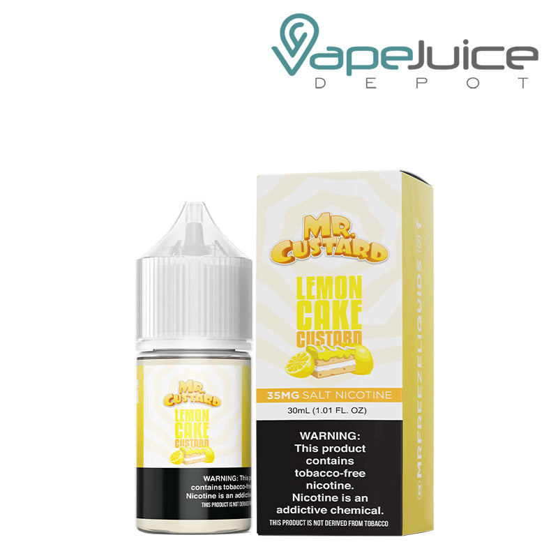 A 30ml bottle of Lemon Cake Custard Mr Custard Salts and a box with a warning sign next to it - Vape Juice Depot