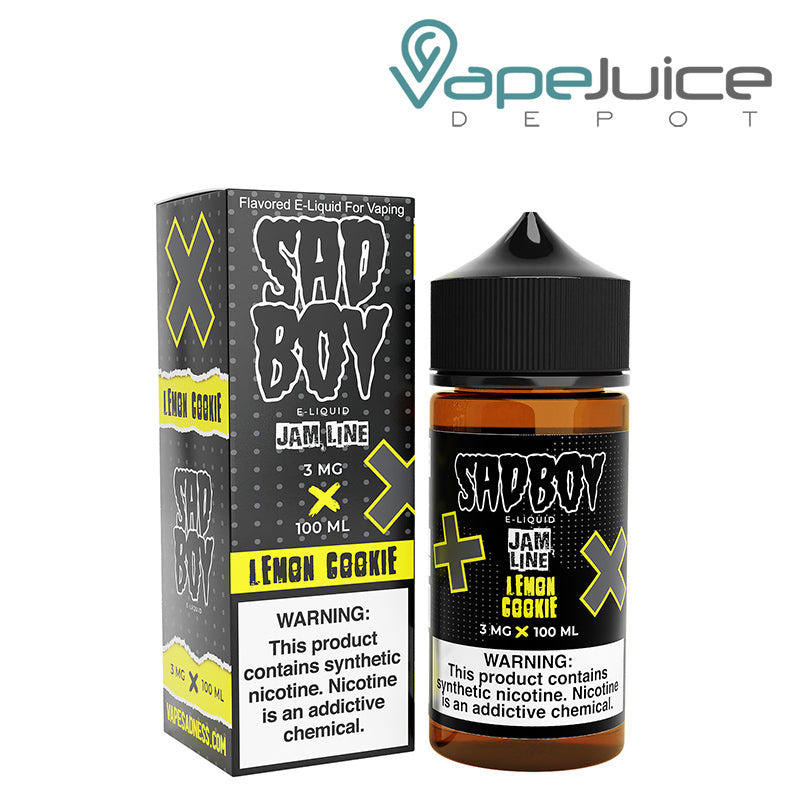 A box of Lemon Cookie SadBoy eLiquid with a warning sign and a 100ml bottle next to it - Vape Juice Depot 