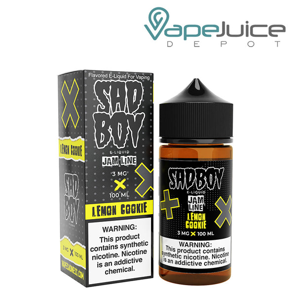 A box of Lemon Cookie SadBoy eLiquid with a warning sign and a 100ml bottle next to it - Vape Juice Depot 