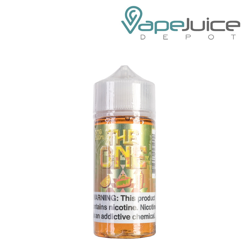 A 100ml bottle of Lemon Crumble Cake The One eLiquid with a warning sign - Vape Juice Depot