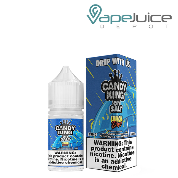 A 30ml bottle of Lemon Drops Candy King On Salt and a box with a warning sign next to it - Vape Juice Depot