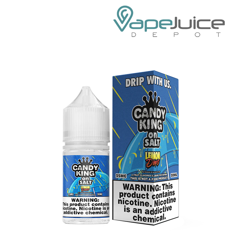 A 30ml bottle of Lemon Drops Candy King On Salt and a box with a warning sign next to it - Vape Juice Depot