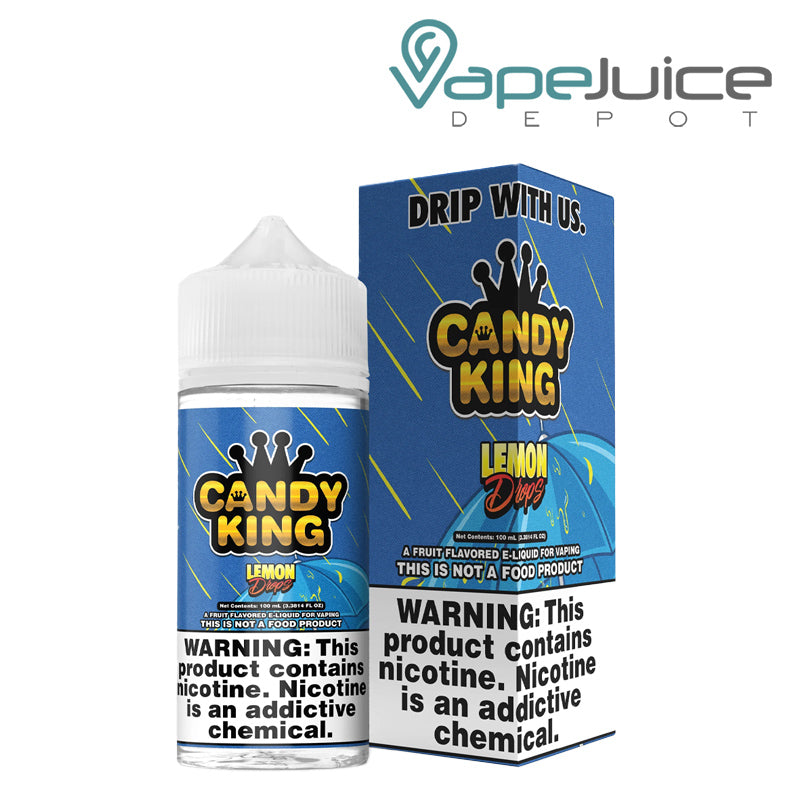A 100ml bottle of Lemon Drops Candy King eLiquid and a box with a warning sign next to it - Vape Juice Depot
