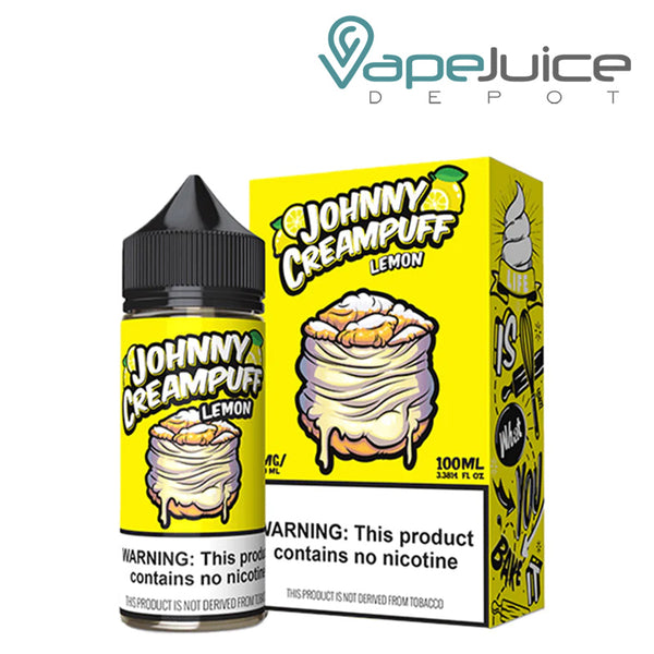 A 100ml bottle of Lemon Johnny Creampuff eLiquid and a box with a warning sign next to it - Vape Juice Depot