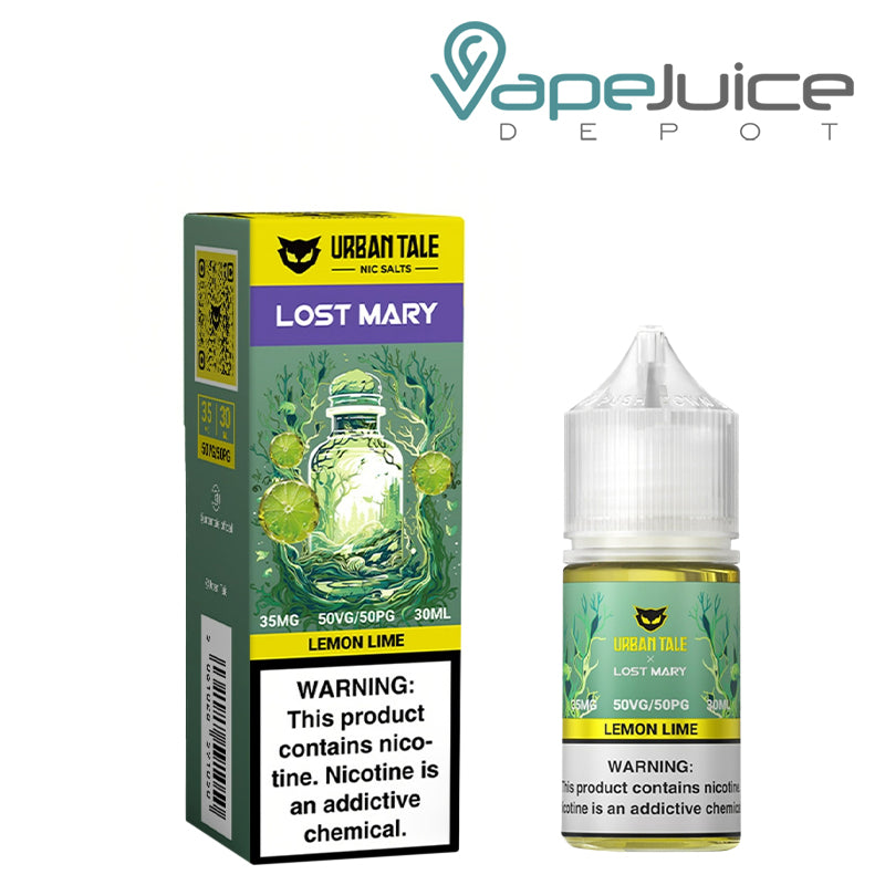 A Box of Lemon Lime Urban Tale x Lost Mary Salt 35mg with a warning sign and a 30ml bottle next to it - Vape Juice Depot