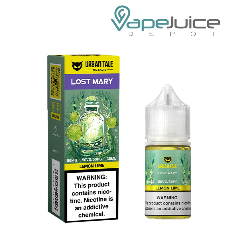 A Box of Lemon Lime Urban Tale x Lost Mary Salt 50mg with a warning sign and a 30ml bottle next to it - Vape Juice Depot