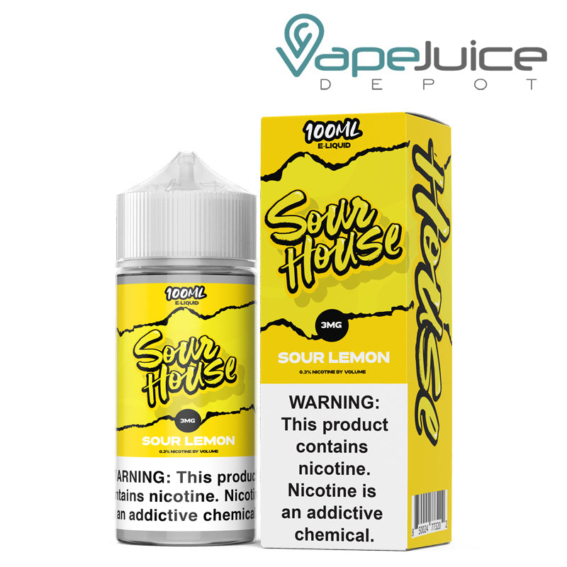 A Lemon Sour House eLiquid 100ml with a warning sign and a box next to it - Vape Juice Depot