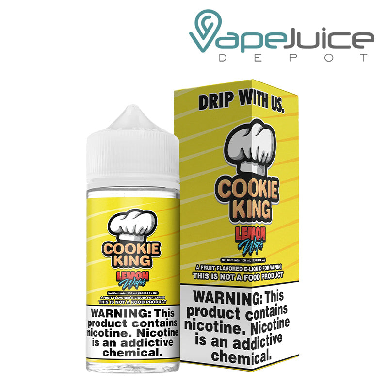 A 100ml bottle of Lemon Wafer Cookie King eLiquid and a box with a warning sign next to it - Vape Juice Depot