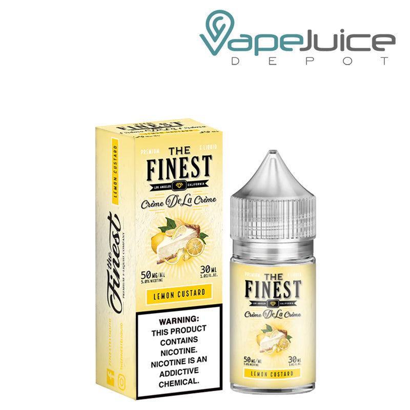 A box of Lemon Custard Finest SaltNic Series with a 30ml bottle next to it- Vape Juice Depot