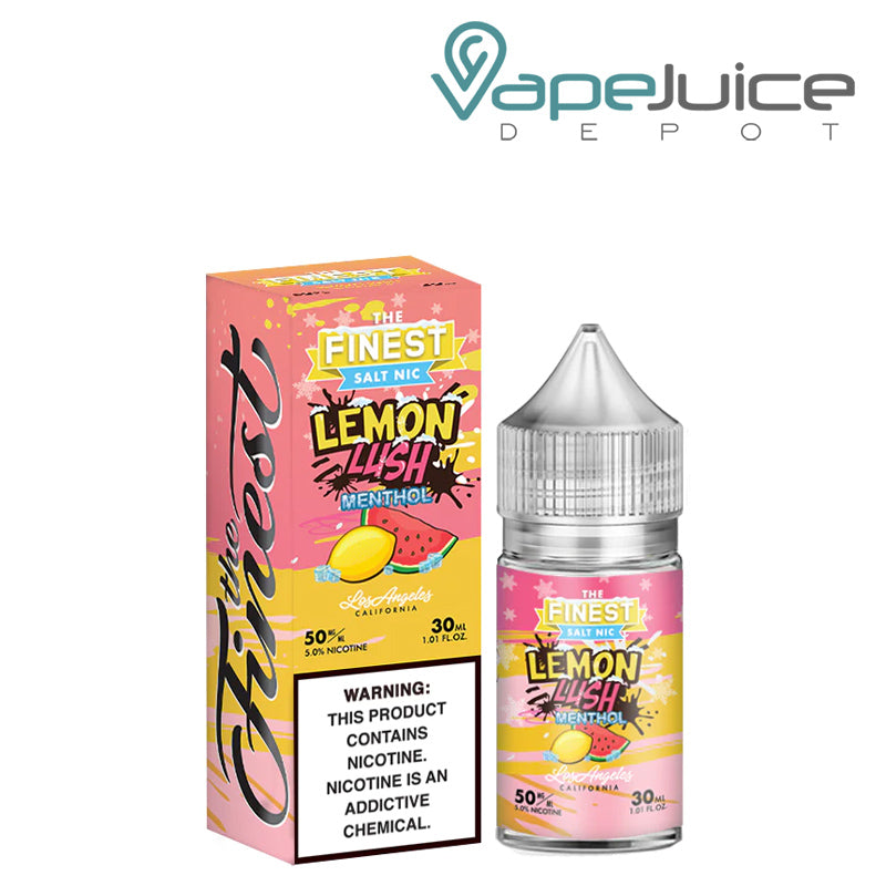 A box of Lemon Lush Menthol Finest SaltNic Series with a warning sign and a 30ml bottle next to it - Vape Juice Depot