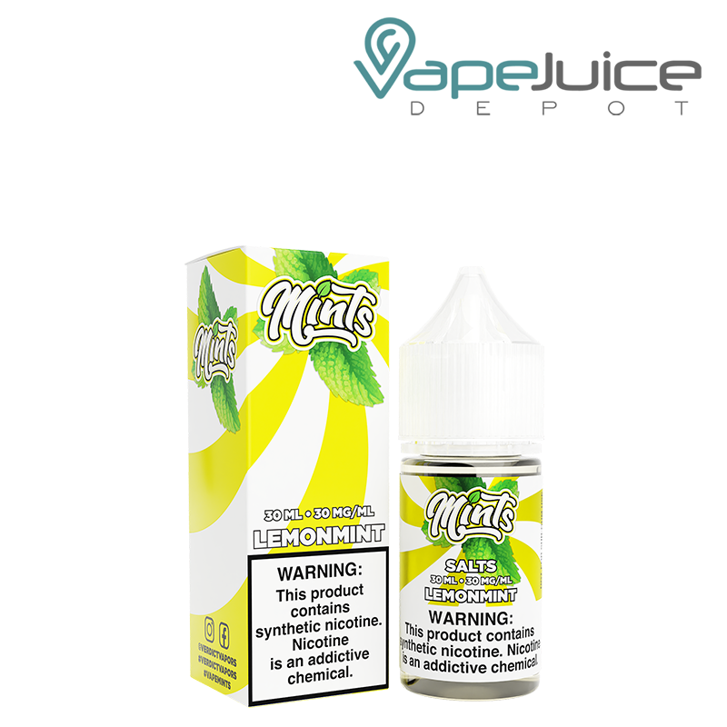 A box of Lemonmint Mints Salt eLiquid with a warning sign and a 30ml bottle next to it - Vape Juice Depot