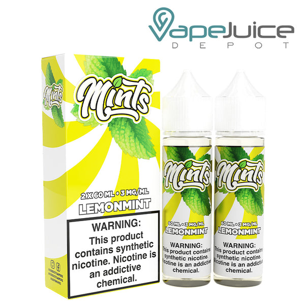 A box of Lemonmint Mints eLiquid with a warning sign and two 60ml bottles next to it - Vape Juice Depot