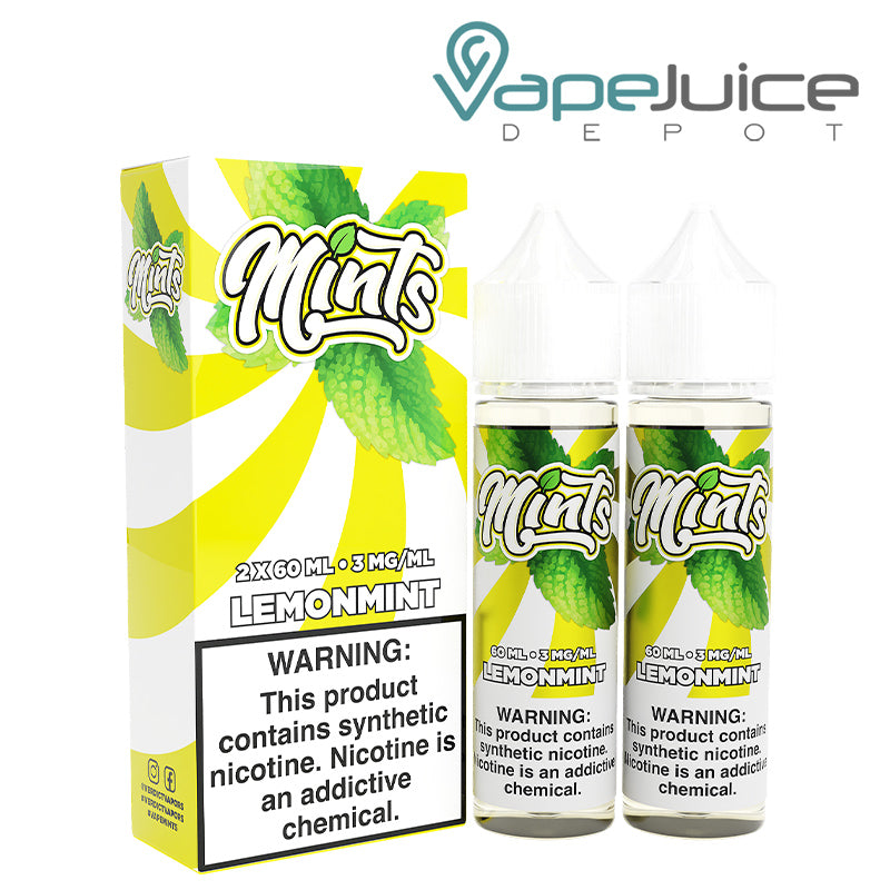 A box of Lemonmint Mints eLiquid with a warning sign and two 60ml bottles next to it - Vape Juice Depot