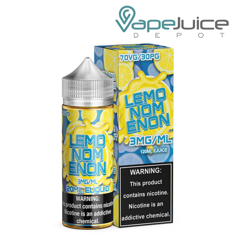 A 120ml bottle of Lemonomenon Nomenon eLiquid next to its box with a warning sign - Vape Jucie Depot