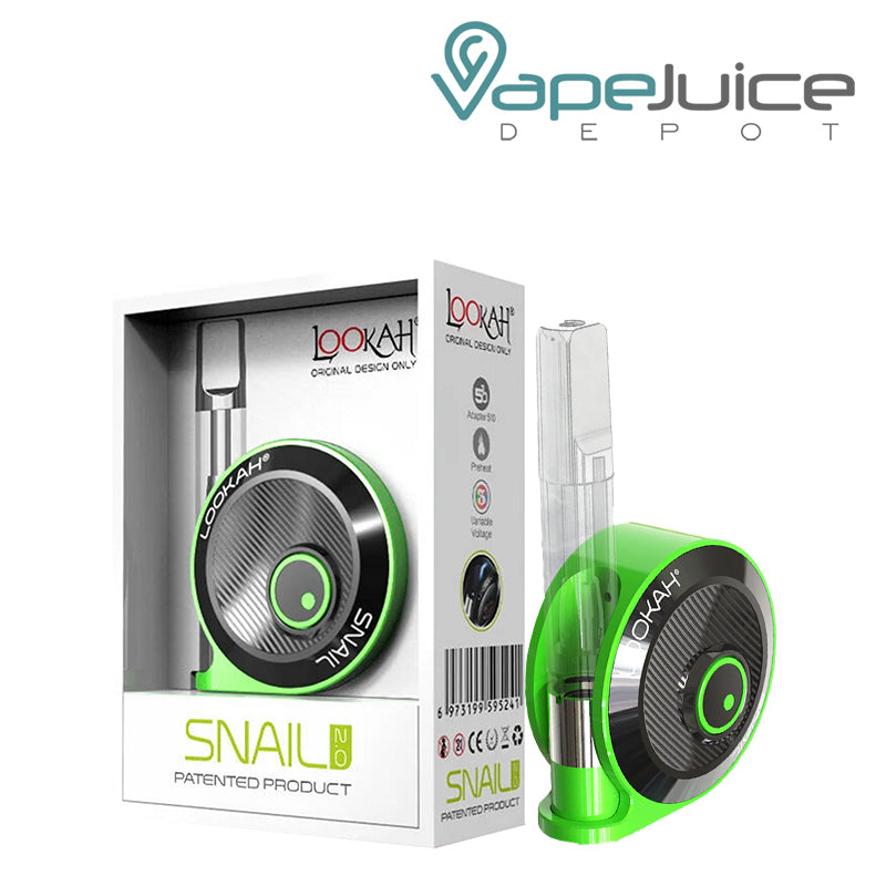 A Box of Green Lookah Snail 2.0 Vaporizer and a device next to it - Vape Juice Depot