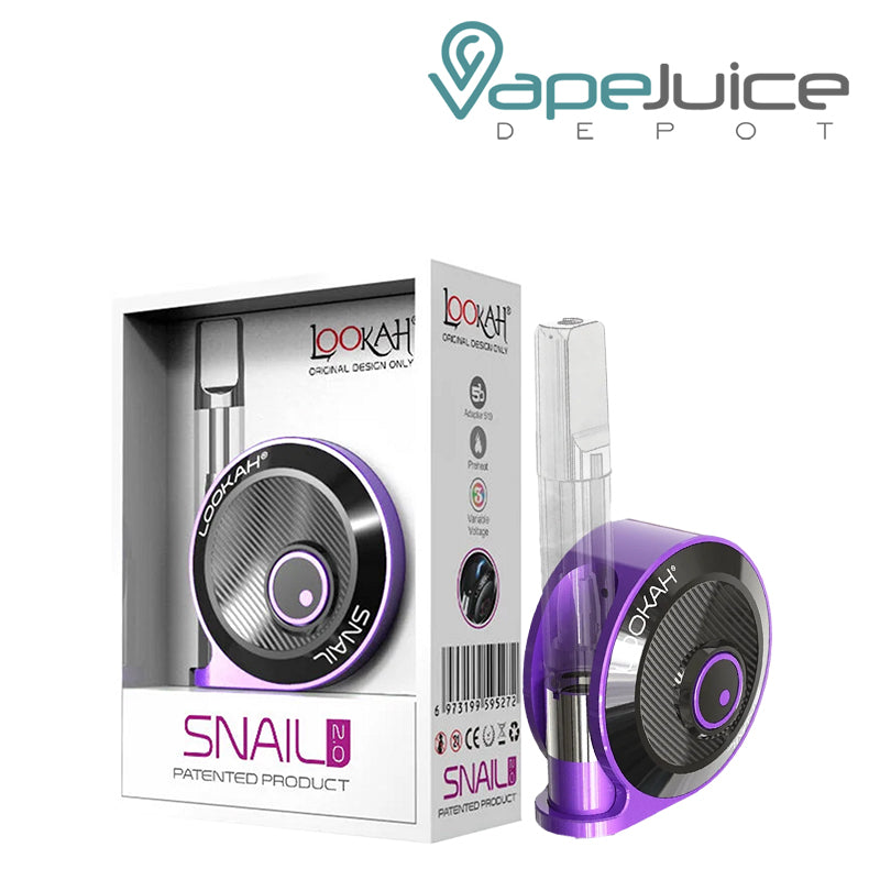 A Box of Purple Lookah Snail 2.0 Vaporizer and a device next to it - Vape Juice Depot