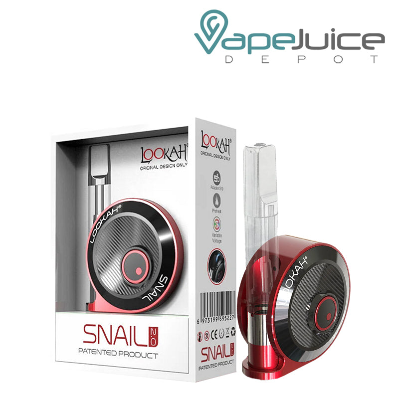 A Box of Red Lookah Snail 2.0 Vaporizer and a device next to it - Vape Juice Depot