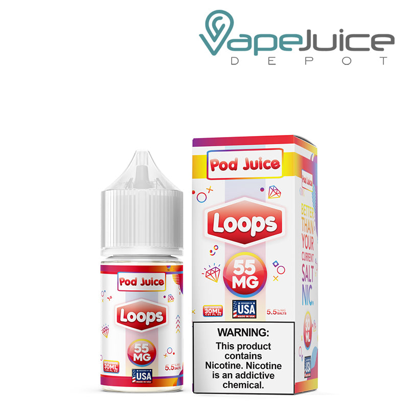 A 30ml bottle of Loops Pod Juice TFN Salt and a box with a warning sign next to it - Vape Juice Depot