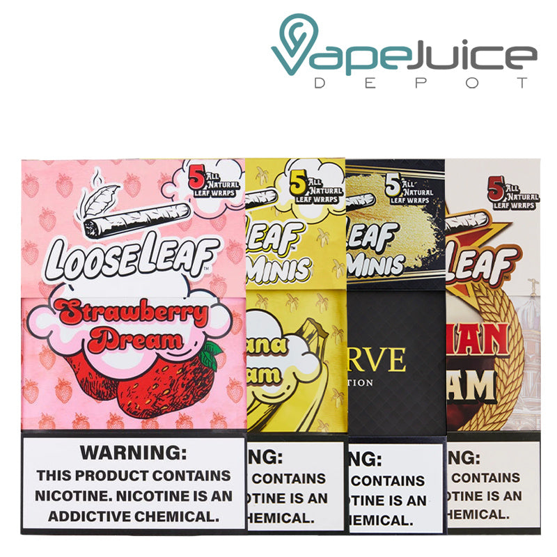 Four boxes of Looseleaf Leaf Mini Wraps with a warning sign - Vape Juice Depot