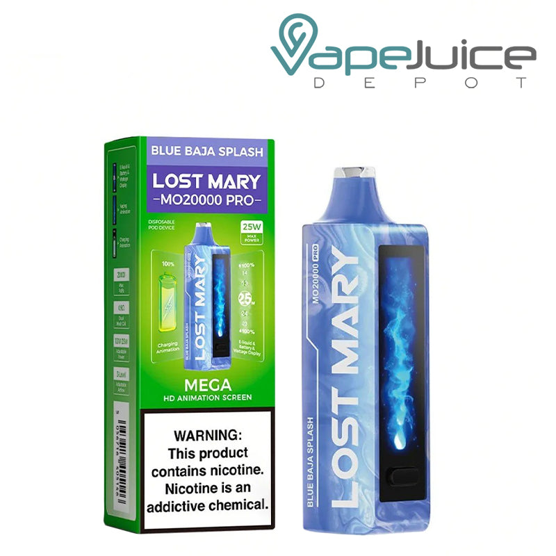 A Box of Blue Baja Splash Lost Mary MO20000 Pro Disposable with a warning sign and a disposable with HD screen next to it - Vape Juice Depot