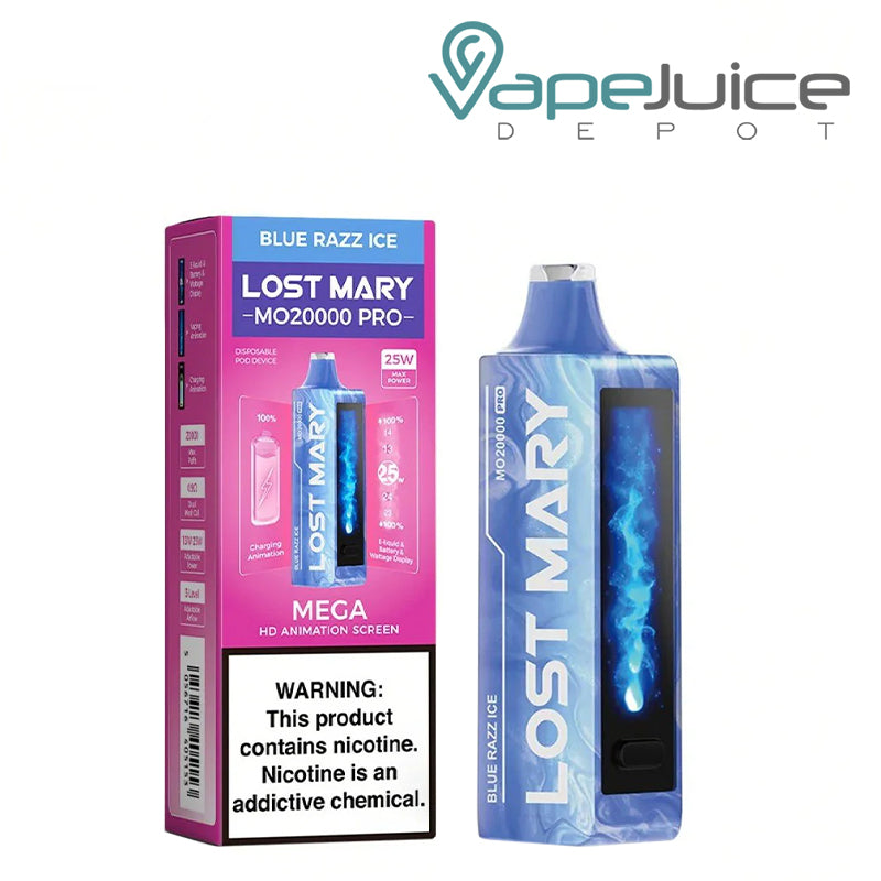 A Box of Blue Razz Ice Lost Mary MO20000 Pro Disposable with a warning sign and a disposable with HD screen next to it - Vape Juice Depot