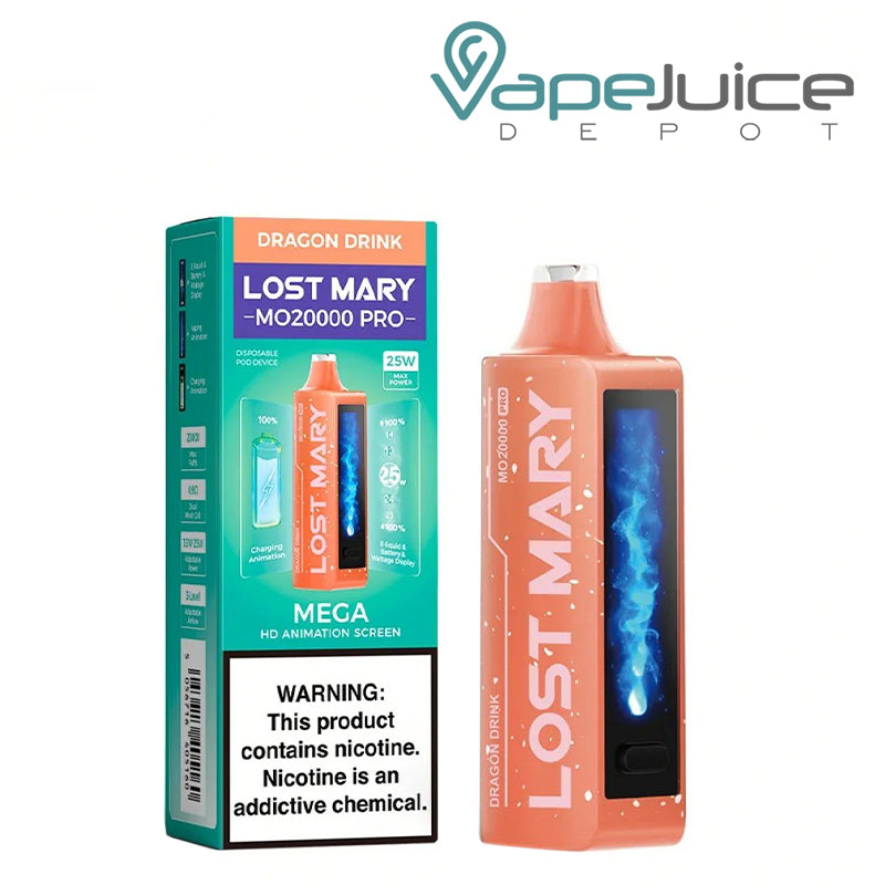 A Box of Dragon Drink Lost Mary MO20000 Pro Disposable with a warning sign and a disposable with HD screen next to it - Vape Juice Depot