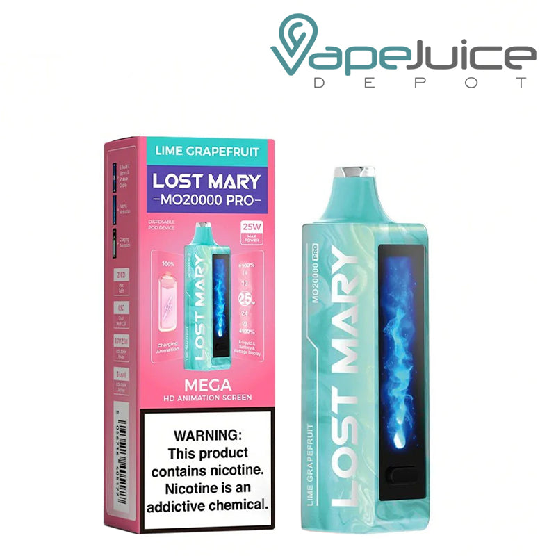 A Box of Lime Grapefruit Lost Mary MO20000 Pro Disposable with a warning sign and a disposable with HD screen next to it - Vape Juice Depot