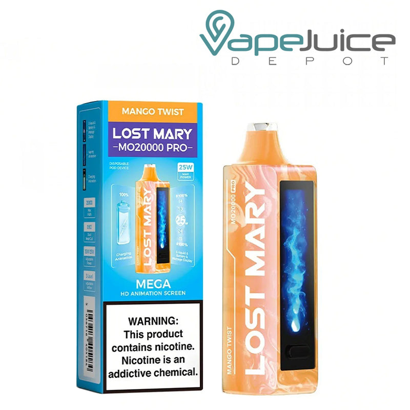 A Box of Mango Twist Lost Mary MO20000 Pro Disposable with a warning sign and a disposable with HD screen next to it - Vape Juice Depot