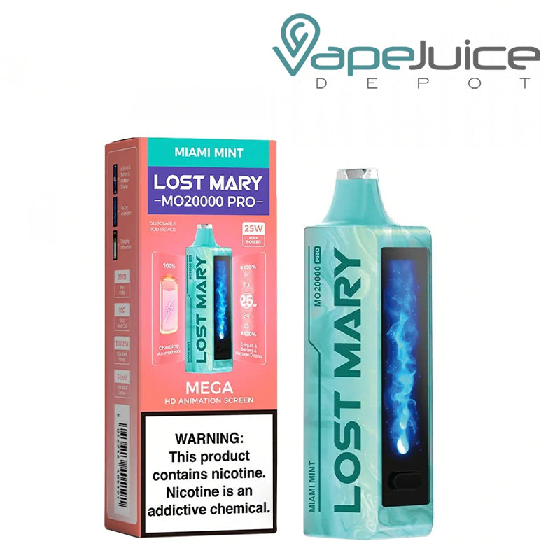 A Box of Miami Mint Lost Mary MO20000 Pro Disposable with a warning sign and a disposable with HD screen next to it - Vape Juice Depot