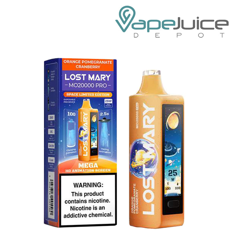 A Box of Orange Pomegranate Cranberry Lost Mary MO20000 Pro Disposable with a warning sign and a disposable with HD screen next to it - Vape Juice Depot