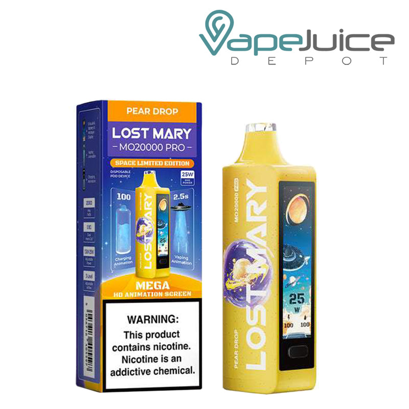 A Box of Pear Drop Lost Mary MO20000 Pro Disposable with a warning sign and a disposable with HD screen next to it - Vape Juice Depot