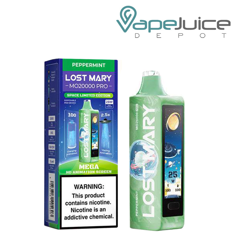 A Box of Peppermint Lost Mary MO20000 Pro Disposable with a warning sign and a disposable with HD screen next to it - Vape Juice Depot