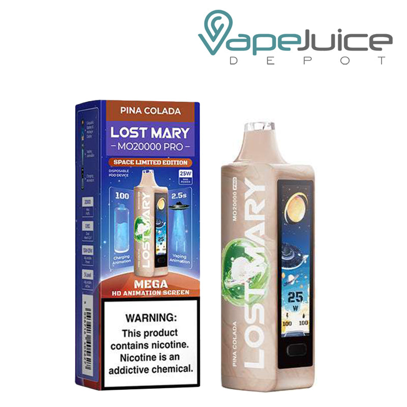 A Box of Pina Colada Lost Mary MO20000 Pro Disposable with a warning sign and a disposable with HD screen next to it - Vape Juice Depot