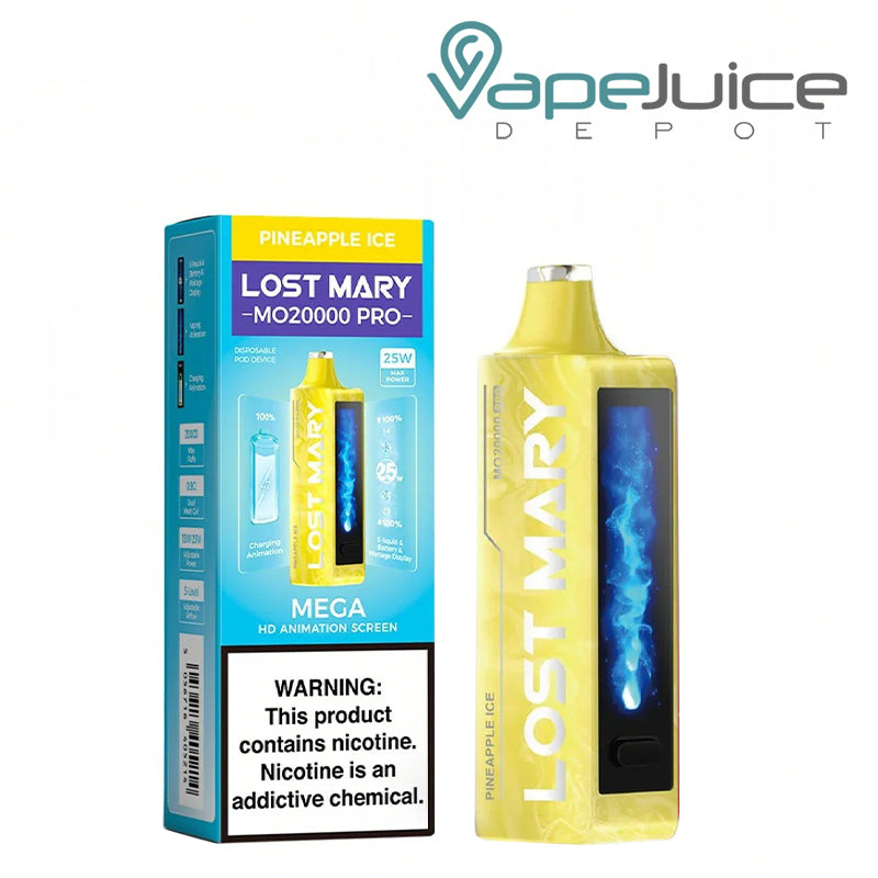 A Box of Pineapple Ice Lost Mary MO20000 Pro Disposable with a warning sign and a disposable with HD screen next to it - Vape Juice Depot