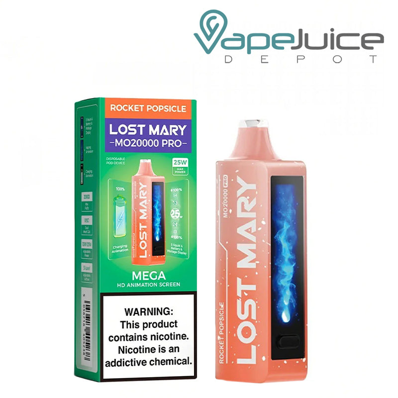 A Box of Rocket Popsicle Lost Mary MO20000 Pro Disposable with a warning sign and a disposable with HD screen next to it - Vape Juice Depot