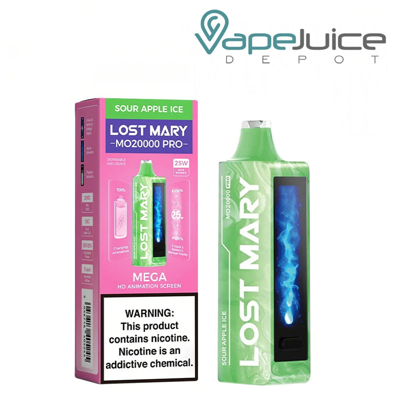 A Box of Sour Apple Ice Lost Mary MO20000 Pro Disposable with a warning sign and a disposable with HD screen next to it - Vape Juice Depot