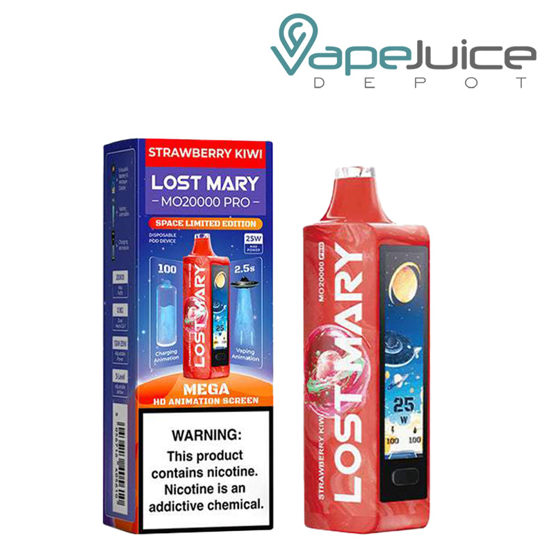 A Box of Strawberry Kiwi Lost Mary MO20000 Pro Disposable with a warning sign and a disposable with HD screen next to it - Vape Juice Depot