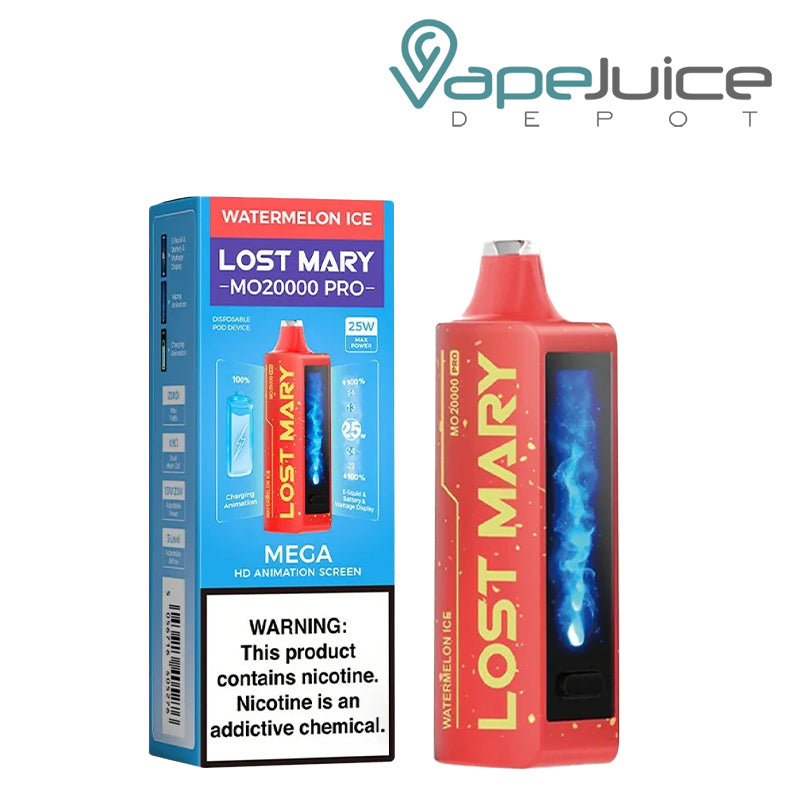 A Box of Watermelon Ice Lost Mary MO20000 Pro Disposable with a warning sign and a disposable with HD screen next to it - Vape Juice Depot