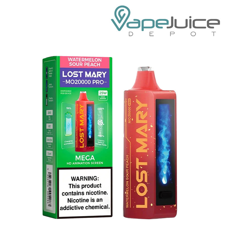 A Box of Watermelon Sour Peach Lost Mary MO20000 Pro Disposable with a warning sign and a disposable with HD screen next to it - Vape Juice Depot