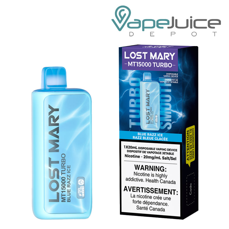 Blue Razz Ice Lost Mary MT15000 Turbo 20mg Disposable next to its box with a warning sign - Vape Juice Depot