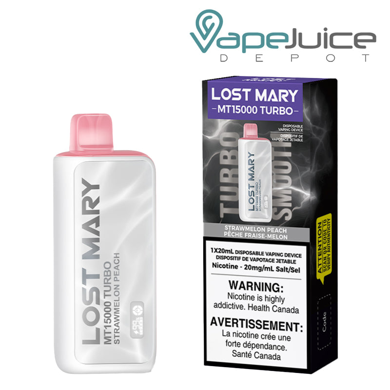 Strawmelon Peach Lost Mary MT15000 Turbo 20mg Disposable with its box with a warning sign - Vape Juice Depot 