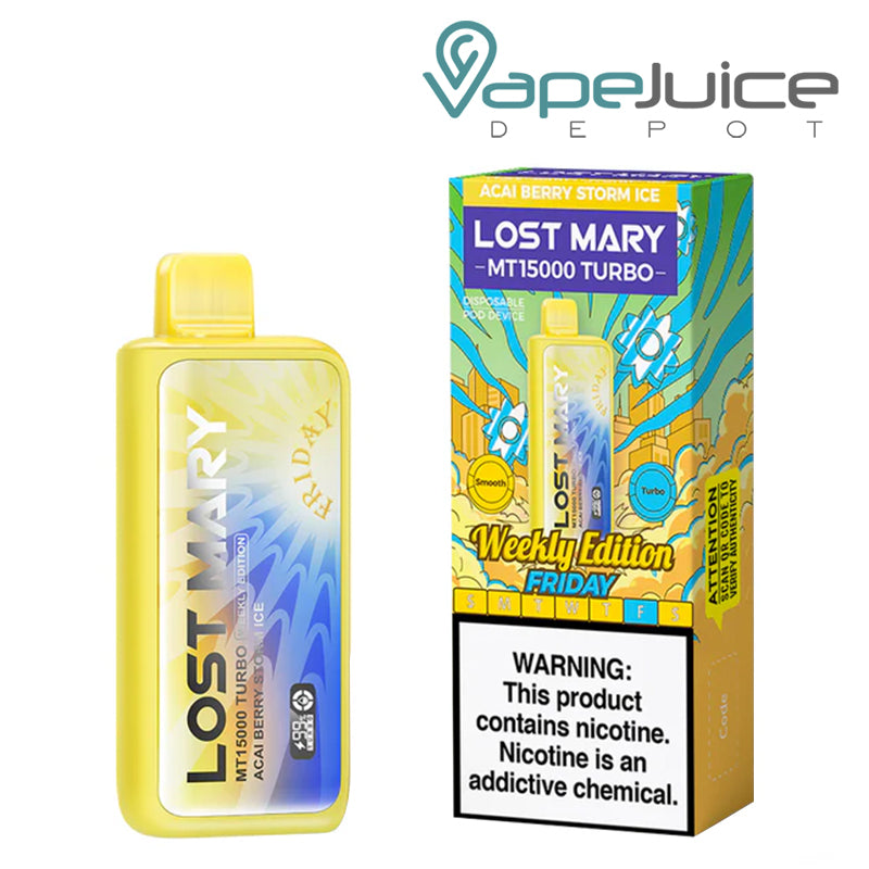 Acai Berry Storm Ice (Friday) Lost Mary MT15000 Turbo Disposable and a box with a warning sign next to it - Vape Juice Depot