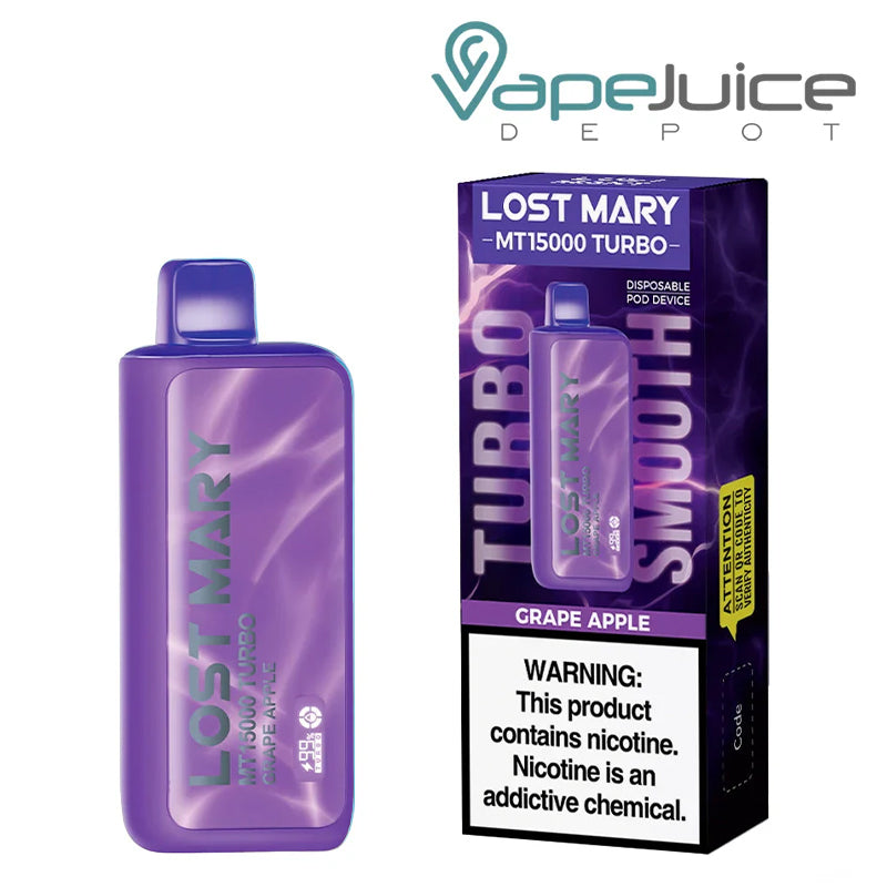 A Disposable of Grape Apple Lost Mary MT15000 Turbo and a box with a warning sign next to it - Vape Juice Depot