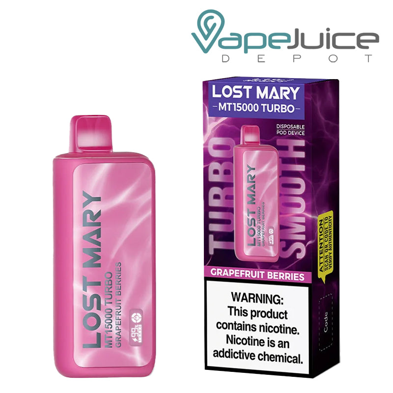 A Disposable of Grapefruit Berries Lost Mary MT15000 Turbo and a box with a warning sign next to it - Vape Juice Depot