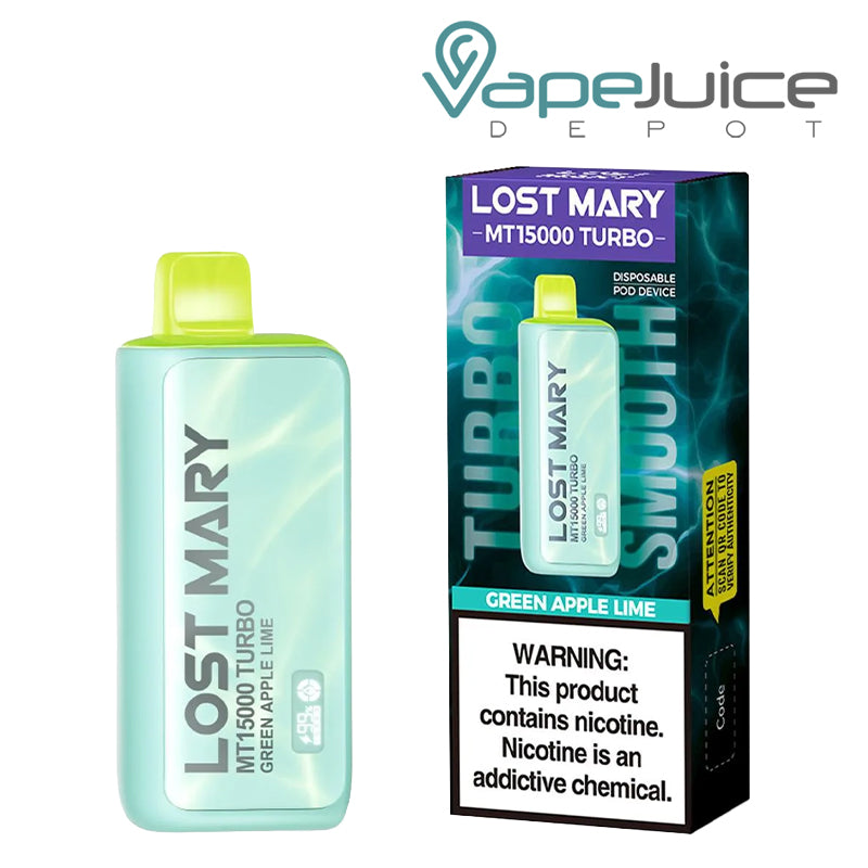 Green Apple Lime Lost Mary MT15000 Turbo Disposable and a box with a warning sign next to it - Vape Juice Depot