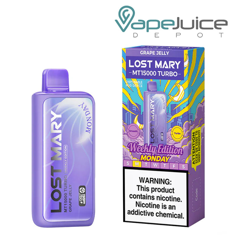 Grape Jelly (Monday) Lost Mary MT15000 Turbo Disposable and a box with a warning sign next to it - Vape Juice Depot