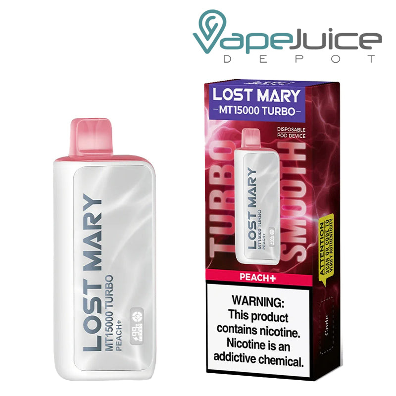 A Disposable of Peach+ Lost Mary MT15000 Turbo and a box with a warning sign next to it - Vape Juice Depot